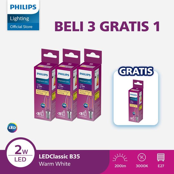 siy4- Paket Lampu Philips Beli 3 Dapat 4 Lampu Philips Filament Bohlam Led 2W B35 E14 Kuning