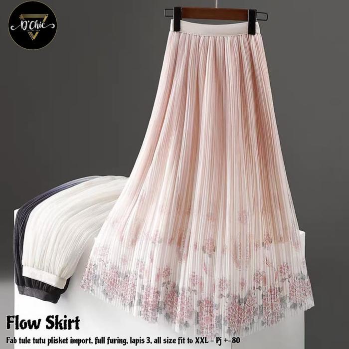 STYLE FASHION D'chic Flow Skirt. Rok Plisket tutu tule Import. Motif Bunga . Fit to XXL. Bisa Cod.