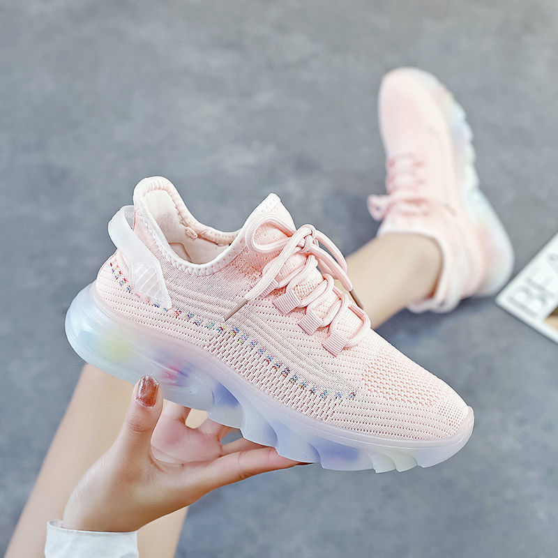 Sepatu Wanita Sepatu Kets Olahraga Ringan Bernapas Sol Lembut Anti Lelah Jaring Warna Putih Pink Hit