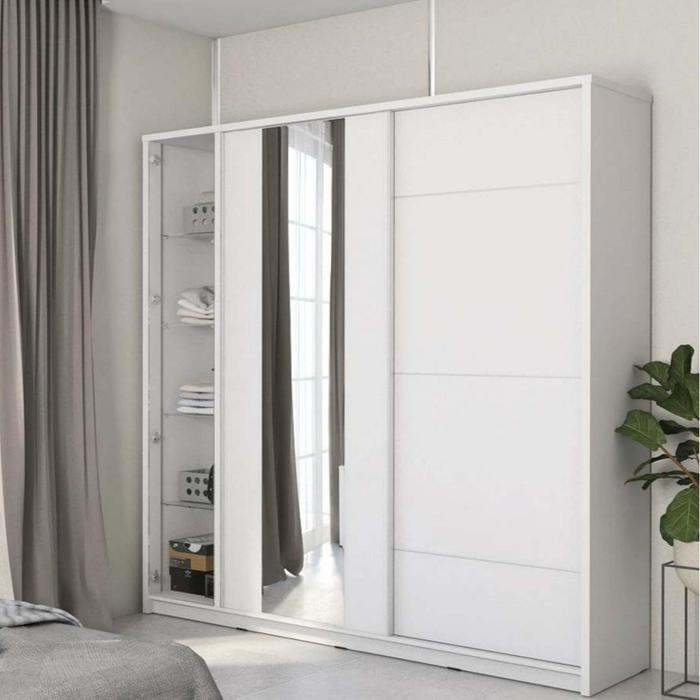 Lemari Pakaian Besar Sliding Geser Hias Putih Glossy Nimalis Bandung