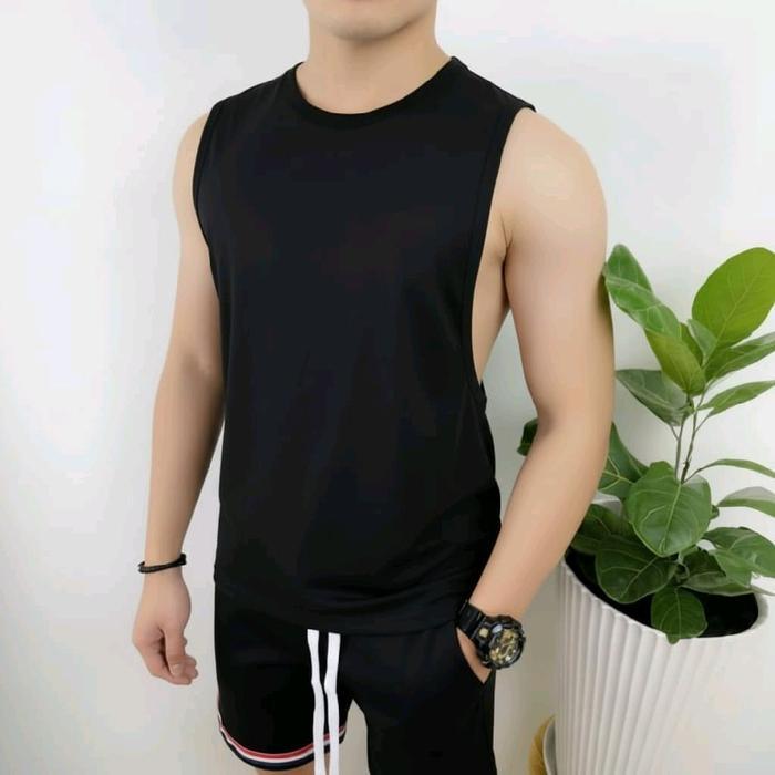 mguf- Low Cut - Kaos Singlet Low Cut-Singlet Low Cut Polos Gym Pria Hitam