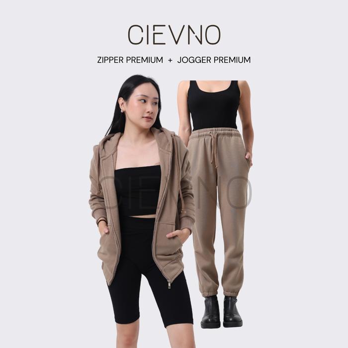 CIEVNO - ONE SET HOODIE ZIPPER+CELANA JOGER PREMIUM PEANUT BUTTER (PRIA&WANITA)