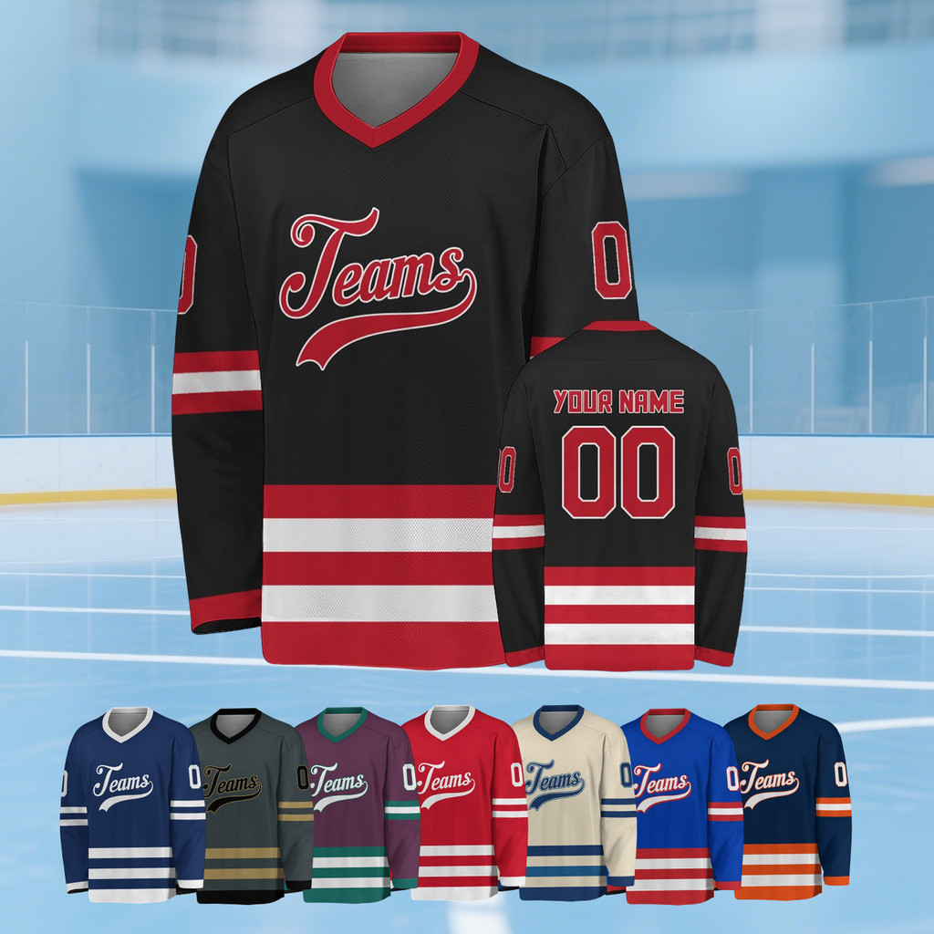 Custom Black Red Hockey 3D Print Personanlized Team Name Number Men Women Ice Hockey Jersey Kids