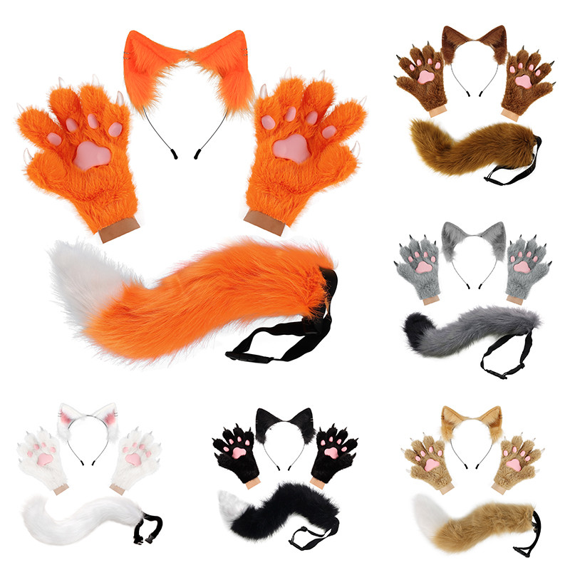Fluffy Cat Ears Cat Long Tail Plus Cute Cat Paws Gloves Set Cosplay Costume Accessories Halloween