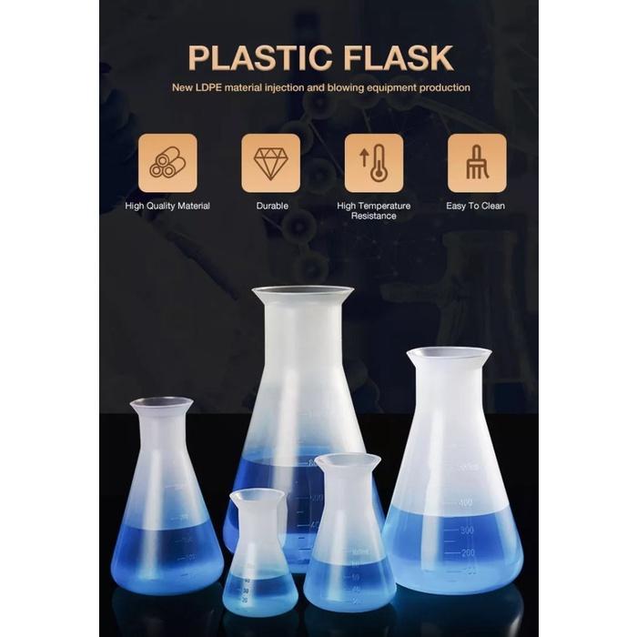 ERLENMEYER FLASK PLASTIK TABUNG UKUR UJI CAIRAN KIMIA LAB GELAS UKUR