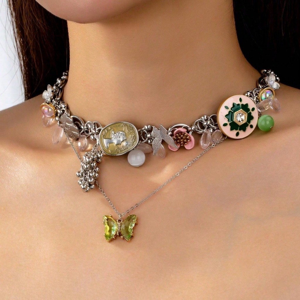Y2K Trendy 2-Piece Layered Necklace Butterfly, Button, Flower & Tassel Mixed Design Cute-Edgy Vibe
