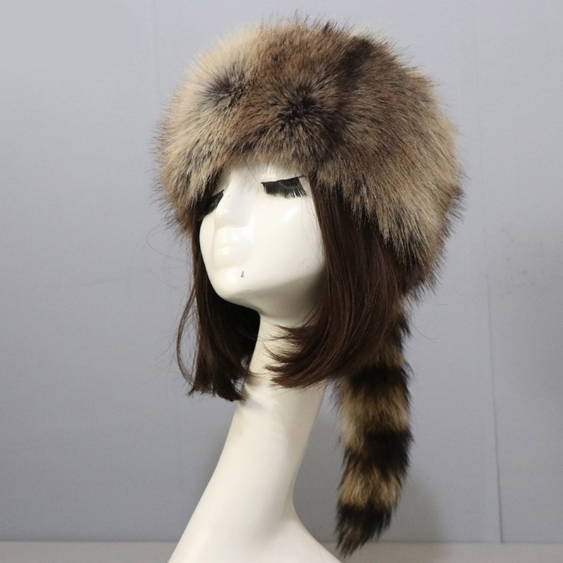 Russian Style Flat Top Hat Winter Mongolian Hat Thicken Raccoon Tail Hat For Teens Keep Warm Hat