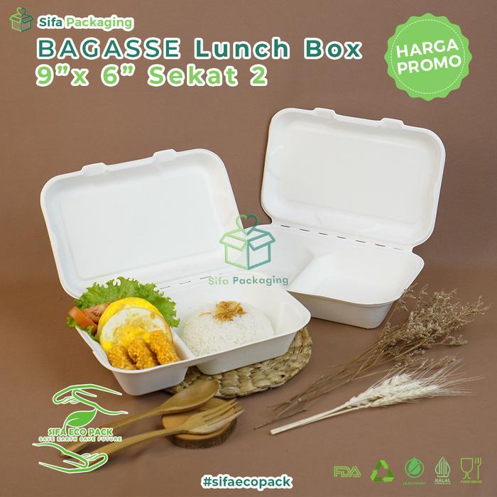 Bagasse Lunch Box 2 Sekat Kotak Bekal Makan Bento Katering Dus Nasi Kemasan Ramah Lingkungan isi 25