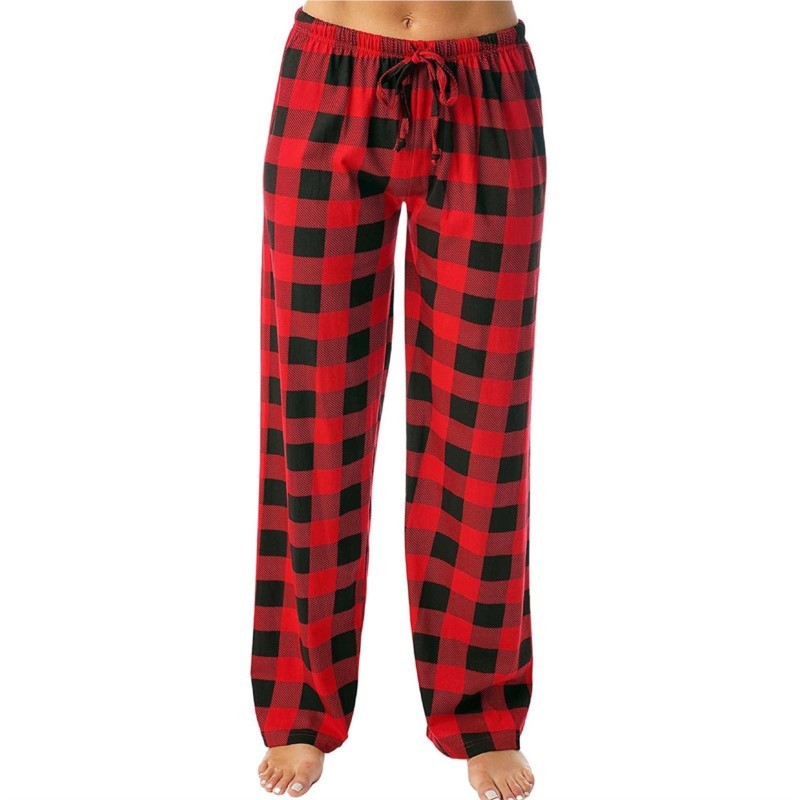Women Christmas Pajama Pants Autumn Winter Red Black Plaid Printed Pants Straight Casual Pants