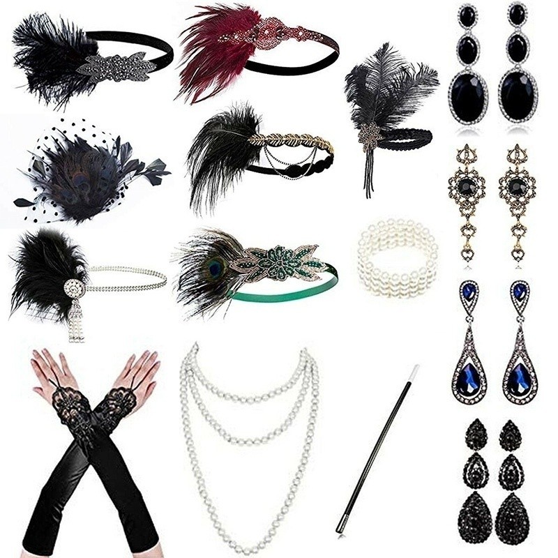 1920S Cosplay Halloween Gatsby Accessories Headband Necklace Gloves Holder Flapper Costume