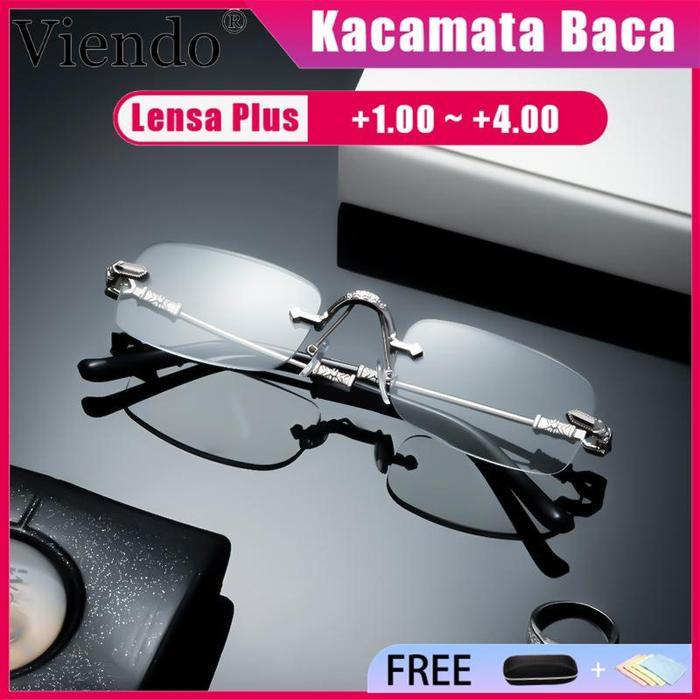 ASLI Viendo Kacamata Baca Plus Anti Radiasi Wanita Pria Kacamata tanpa bingkai Terbaru Besi Cowok Fr