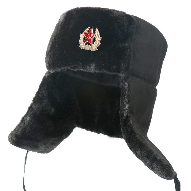 Men's Winter Soviet Badge Lei Feng Hats Russian Ushanka Hat Outdoor Warm Thicken Faux Rabbit Fur