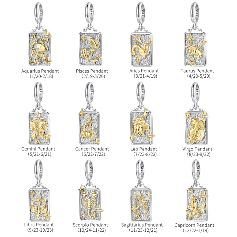 WOSTU 12 Zodiac Charms 925 Sterling Silver 18K Gold Two-tone Rectangle Pendant Zodiac Constellation