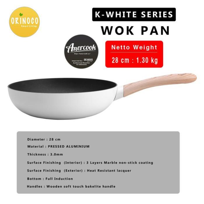AMERCOOK WOK PAN PRESSED ALUMINIUM WHITE SERIES ANTI LENGKET 28CM