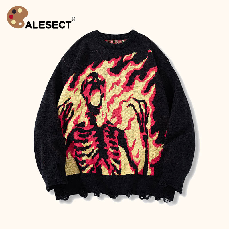 Calesect Oversize Streetwear Flame Skeleton Knit Sweater Y2K Harajuku Skull Pullover Women Men