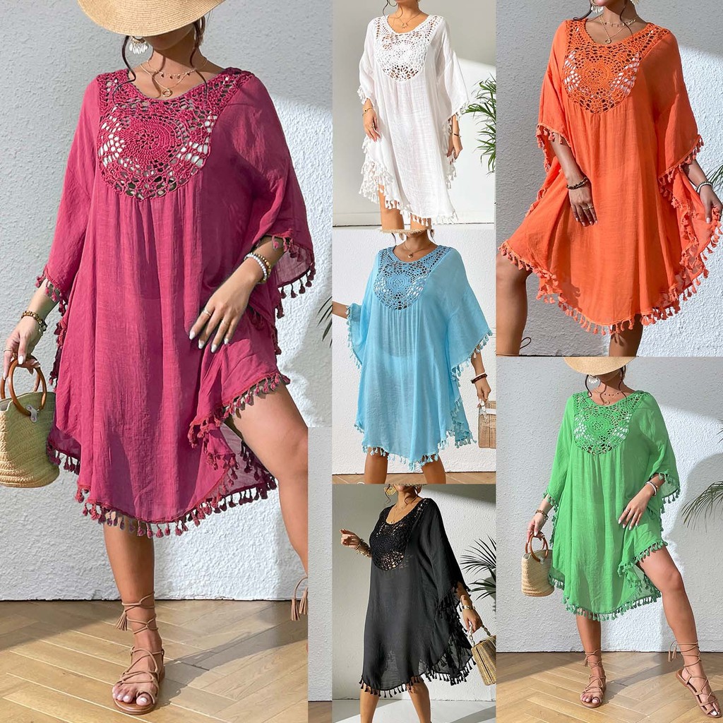 Gaun Pantai Outer Bikini Rajut Bergaya Bohemian dengan Rumbai - Pola Bunga, Bahan Polyester, One Siz