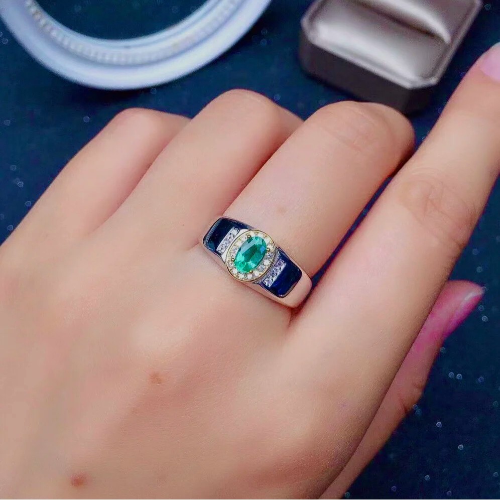 Fashion Emerald Ring For Man 5Mm*7Mm Natural Emerald Man Ring Solid 925 Silver Emerald Jewelry Gift