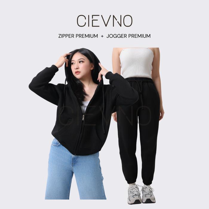 CIEVNO - ONE SET HOODIE ZIPPER + CELANA JOGER PREMIUM HITAM (PRIA&WANITA)