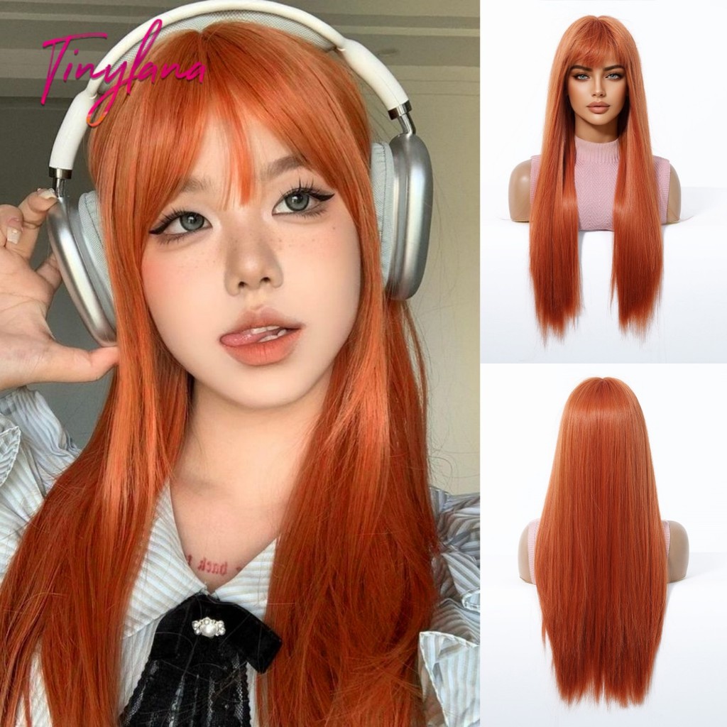 Long Straight Orange Copper Ginger Brown Synthetic Wig with Bangs Natural Lolita Cosplay Heat