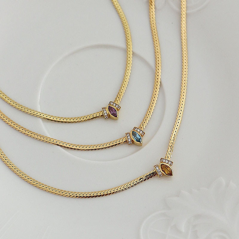 Colored Marquise eye stone necklaces stainless steel herringbone chain necklace for women minimalist
