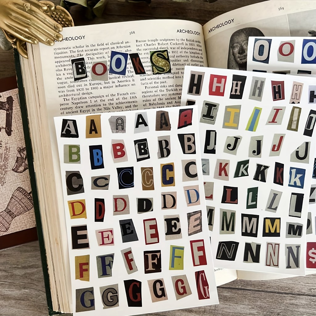 181Pcs/4-Sheet English Alphabet Number Symbol Sticker Pack, Vintage Scrapbook Aesthetic Journaling