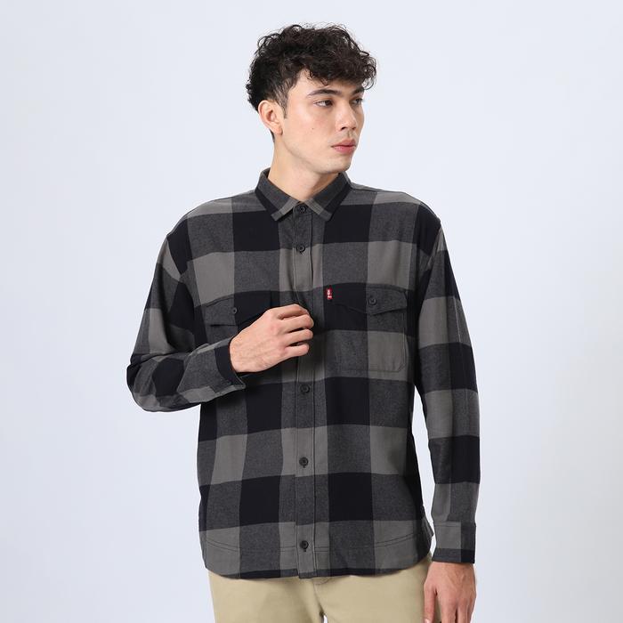 Promo Edwin Jeans - Bastien Black Grey Kemeja Flanel Lengan Panjang Pria Casual Motif Kancing Top