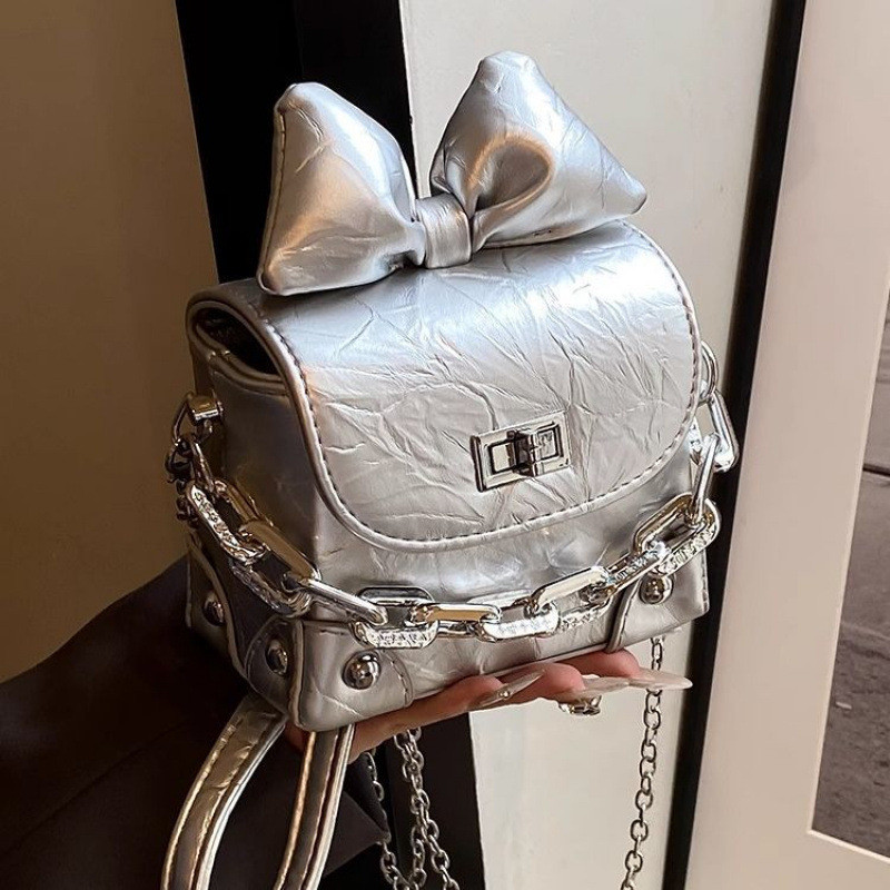 Tas Kecil Lipstik Mini Imut Wanita - Tas Selempang Rantai dengan Pita, Bahan Nylon, Gaya Cyberpunk, 