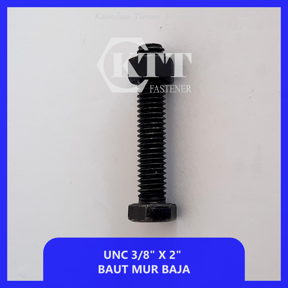 Baut Mur Baja Hitam UNC 3/8" x 2" Kunci 14 Hexagon