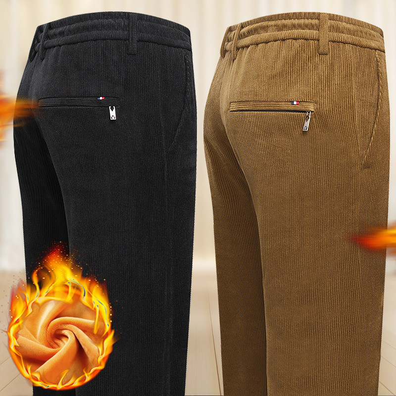 Winter Warm Fleece Khaki Men's Corduroy Pants Thick Elastic Waist Business Straight Korea Outdoors