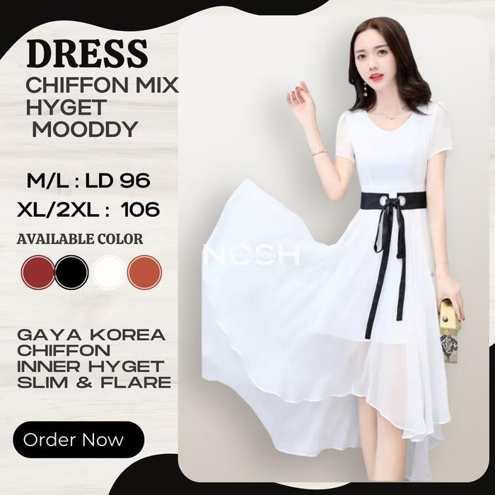 Midi Dress Korea lengan pendek sifon Wanita Mauddy Rok Korea NOSH