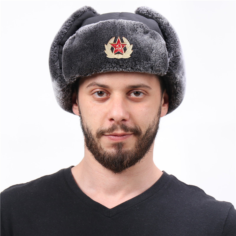 Warm Soviet Badge Lei Feng Hats Men's Russian Army Ushanka Bomber Hat Outdoor Plus Velvet Thicken