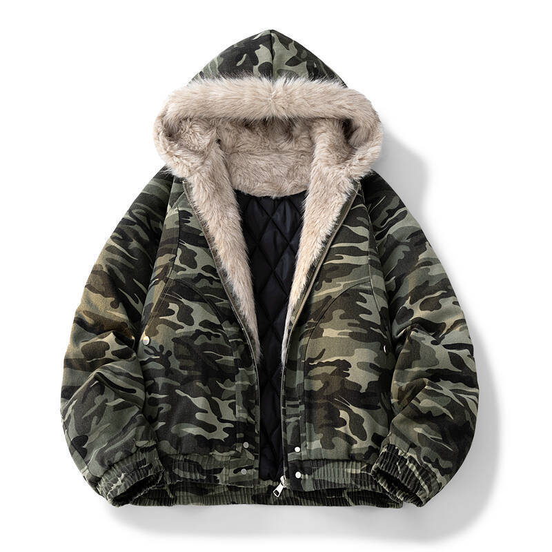 Men's Retro Camouflage Fleece-Lined Faux Fur Collar Jacket Autumn & Winter Loose Fit Sports Hooded
