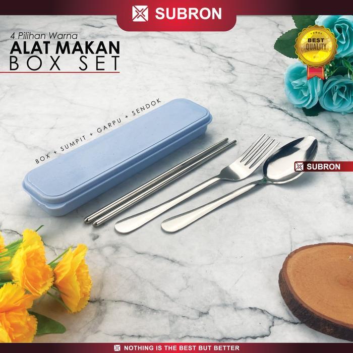 SUBRON Alat Makan SET Sendok Garpu Sumpit Stainless Box Tempat Wadah Warna Plastik Kotak Hitam Steel