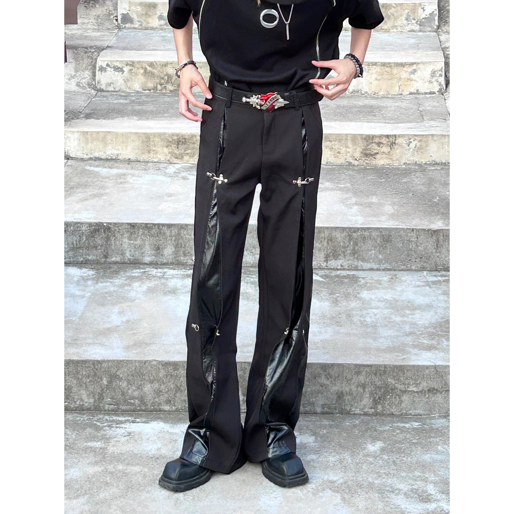 2024 y2k Style Black Men Cargo Outdoor Tracksuit Pants Y2K Design buttons Sweatpants Leather