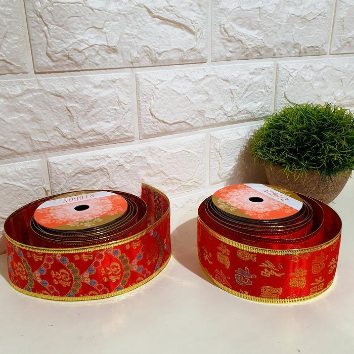 klpu- Pita Imlek Merah 5 Cm Pita Kawat Fu Fuk Hoki Warna Merah Parcel Imlek