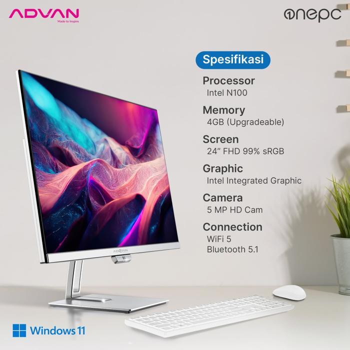 ADVAN PC Desktop AIO One PC N100 4GB 128GB SSD Windows 11 23.8FHD Putih All in One Komputer Intel