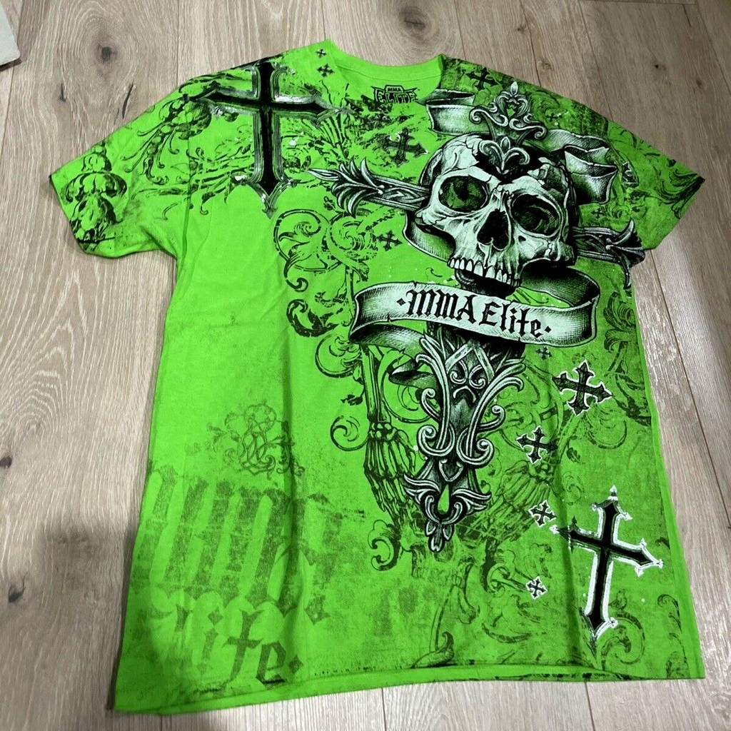 MMA ELITE Cross Skull Print Green Y2K T Shirt Men Loose Fit Streetwear Graphic Tee Oversized Glow