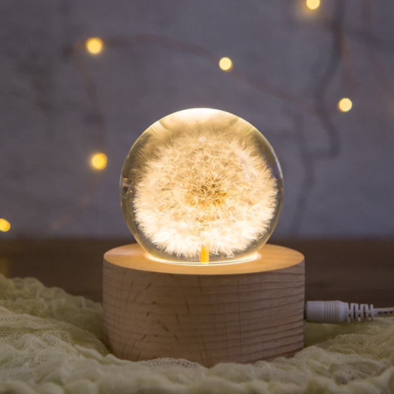 Creative Dandelion Crystal Ball Music Box Wooden Base Rotating Music