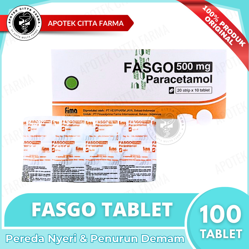 Fasgo Paracetamol 500 Mg Tablet 1 Box - Penurun Demam / Pereda Nyeri / Sakit Kepala / Sakit Gigi