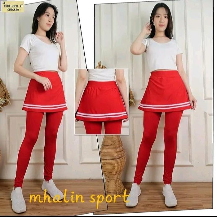 Legging Rok Merah List Putih Premium / Celana Legging Rok Wanita Remaja Dewasa / Legging Rok