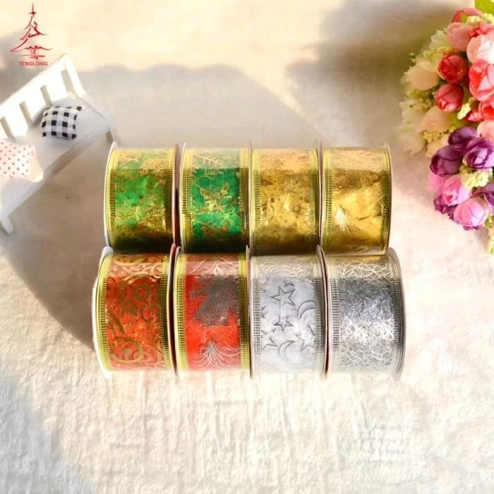 1 Roll Pita Roll Hiasan Natal Motif Natal Pita Ribbon Natal Merry Christmas Premium - Roll Pita