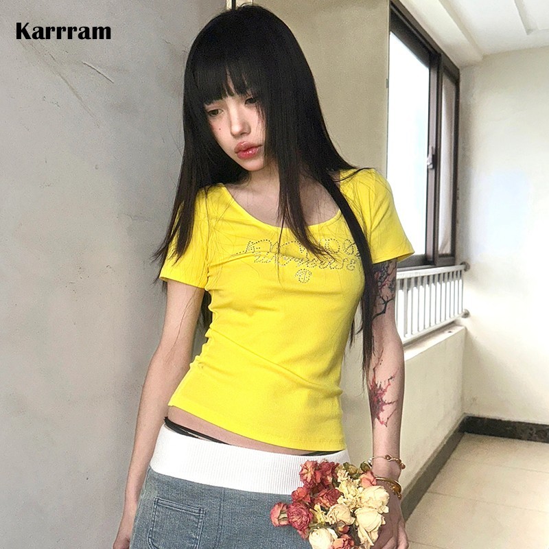 Karrram Japanese Y2K Rhinestones T-Shirt Vintage Harajuku Diamond Print T Shirts Trashy 2000S