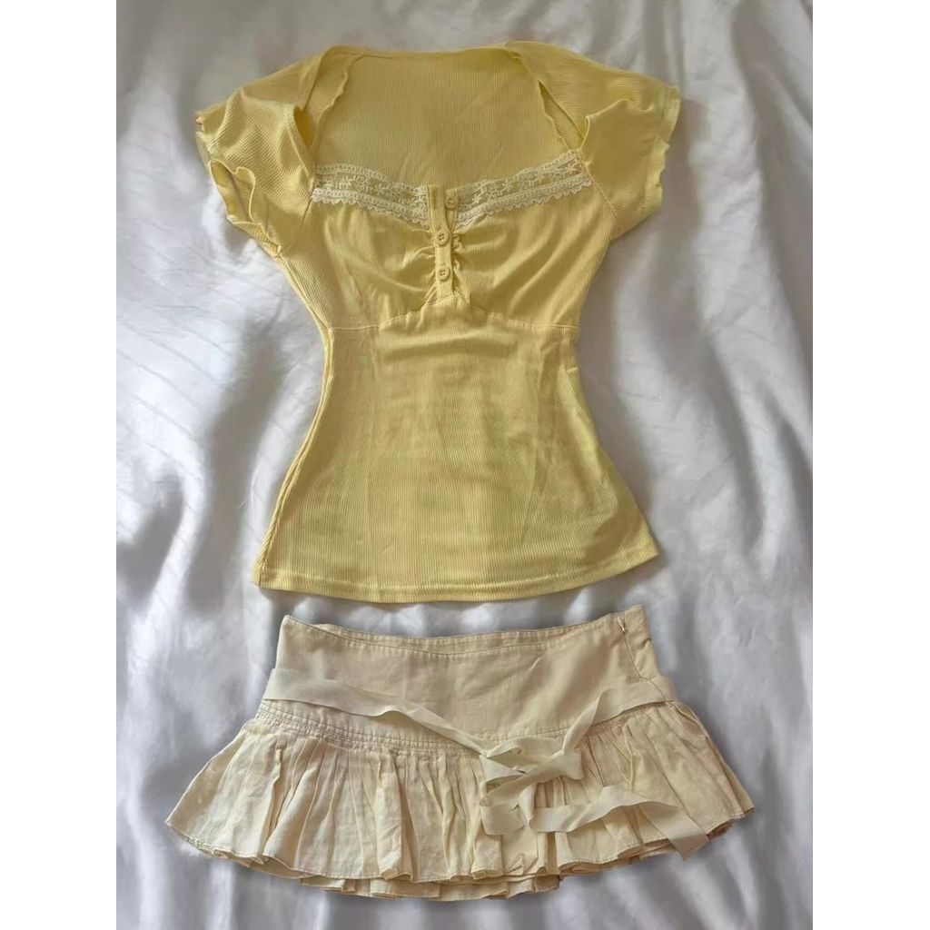 Vintage T-Shirt Lace Y2K Clothes Slim Sleeve Goth Sweet Harajuku Korea Crop Top 90S Grunge Button