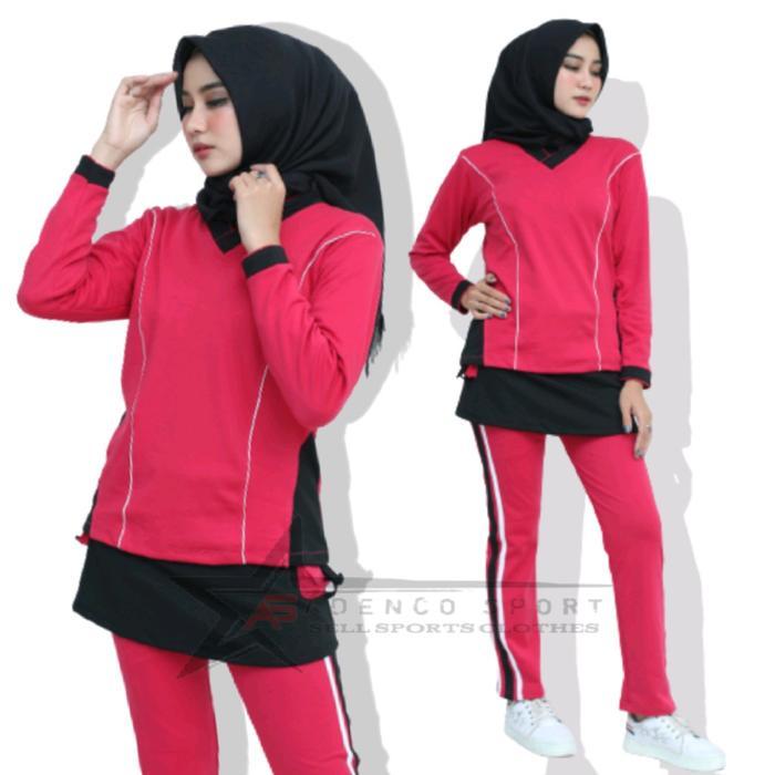 dowg- Baju Senam Wanita 1 Set / Setelan Olaharaga Senam Celana Rok Muslim Panjang Polos