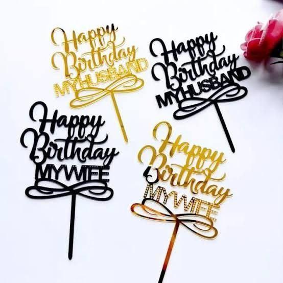 ] topper cake happy birthday suami istri my husband my wife akrilik gold Ulang tahun Kue