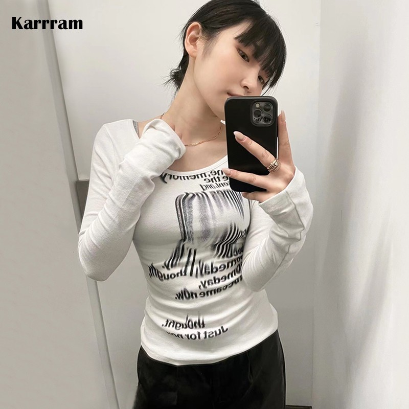 Karrram Grunge Print Long Sleeve T-Shirt Korean Fashion Graphic T Shirts Y2K Aesthetics To Slim Tee