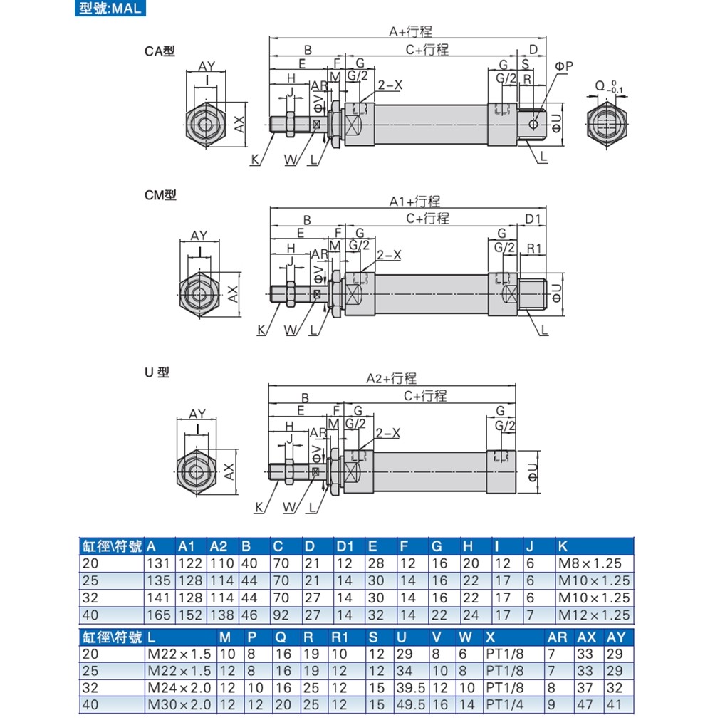 Airtac Type Pneumatic Cylinders Mal20X10Ca Mal25X15Ca Mal32X30Ca Mal40X40-Ca Mal20X60Sca Mal25X80Ca