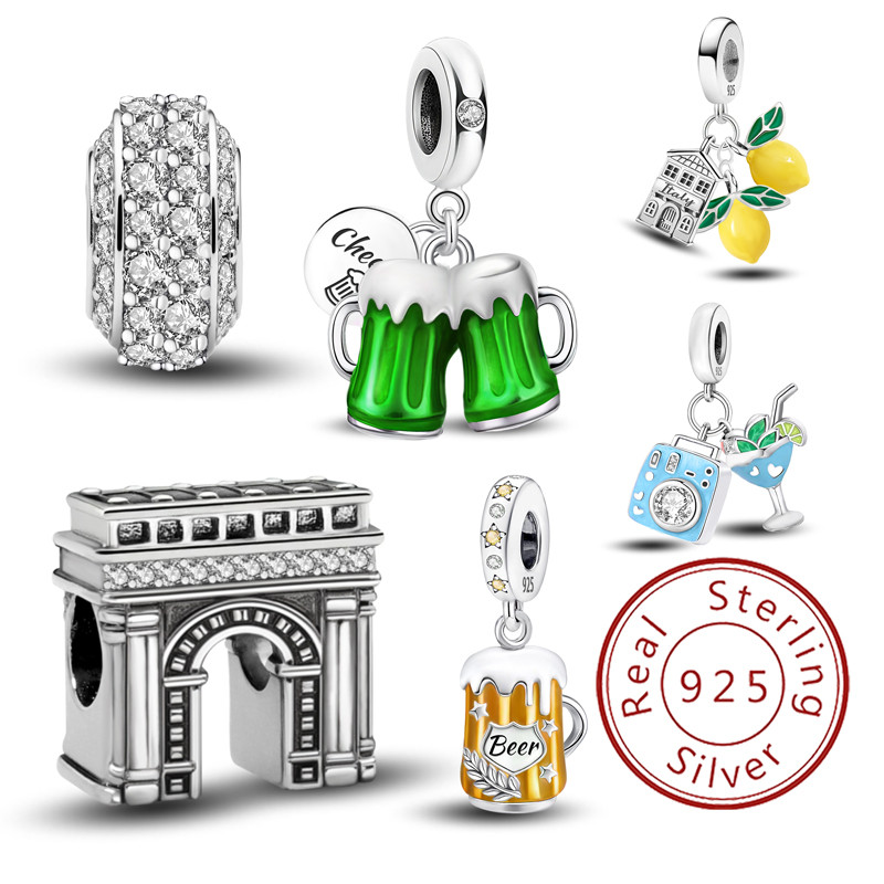 925 Sterling Silver Lemon Town Summer Camera Beer Casual Series Bead Fit DIY Bracelet Making Gift Of