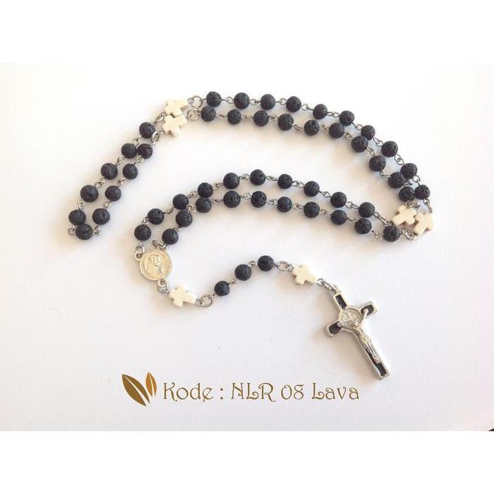 Promo Kalung Rosario Batu Lava 6Mm Salib Putih White Marble Original