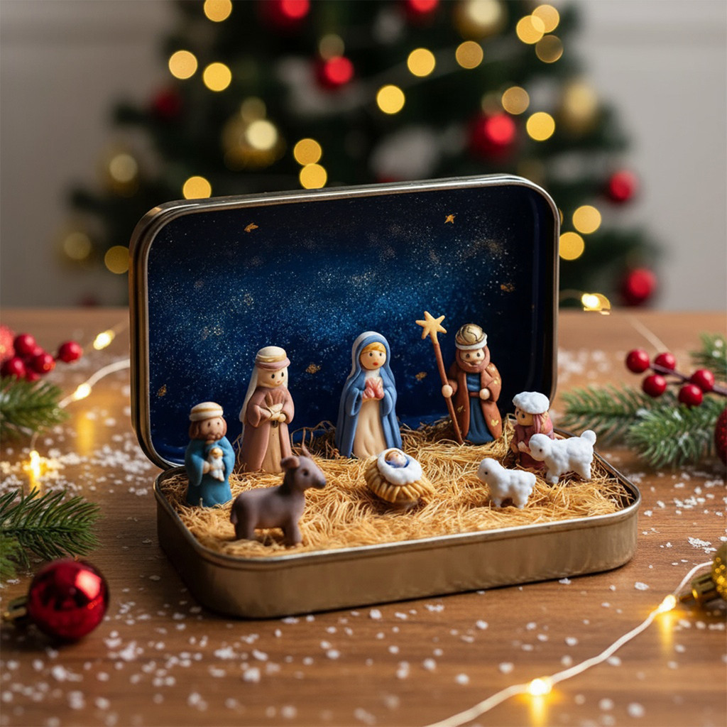 Pocket Christmas Nativity Scene In A Tin Box With Detailed Figurines Handcrafted Christmas Scene